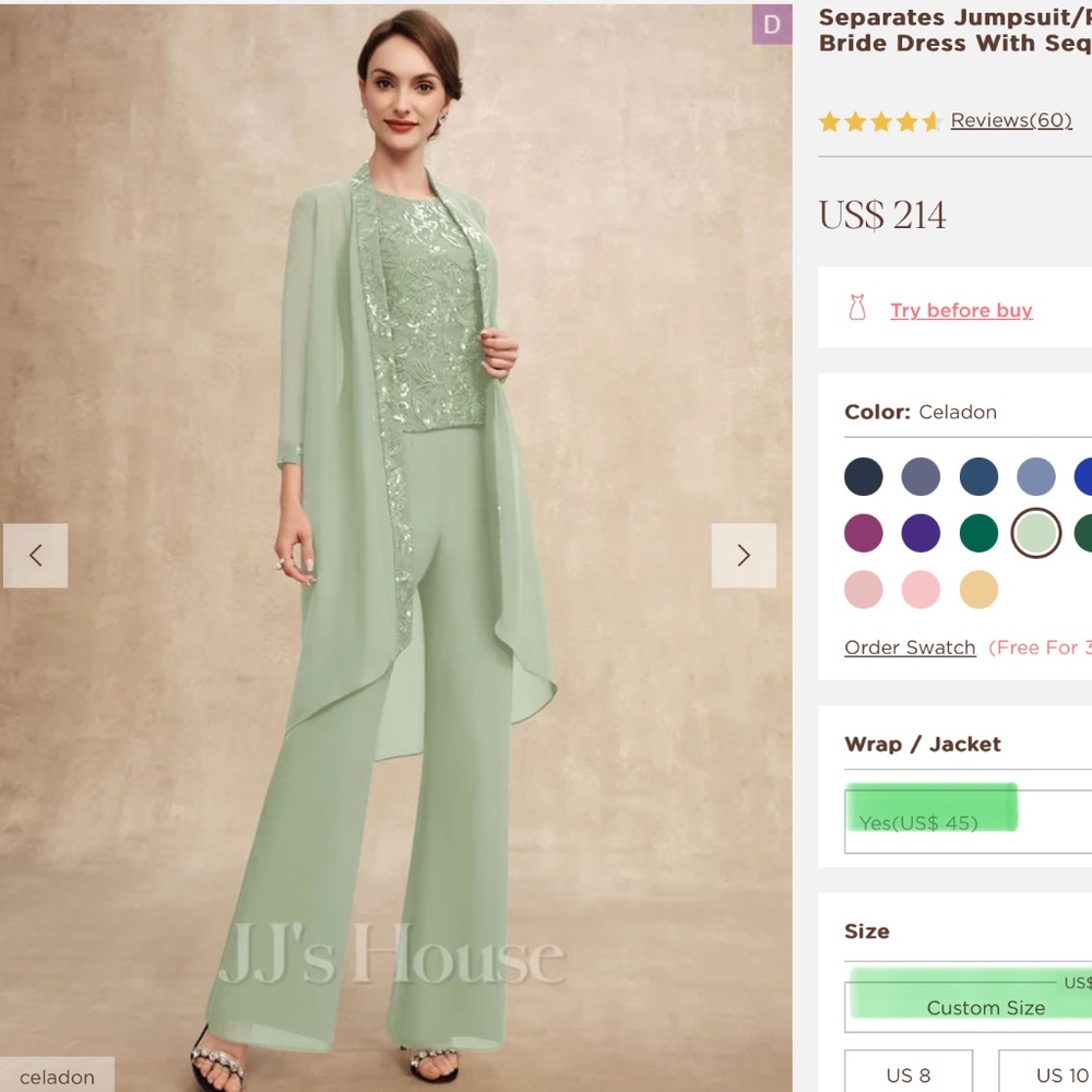 JJ’s House Mother of the Bride or Groom pant suit outfit light sage green